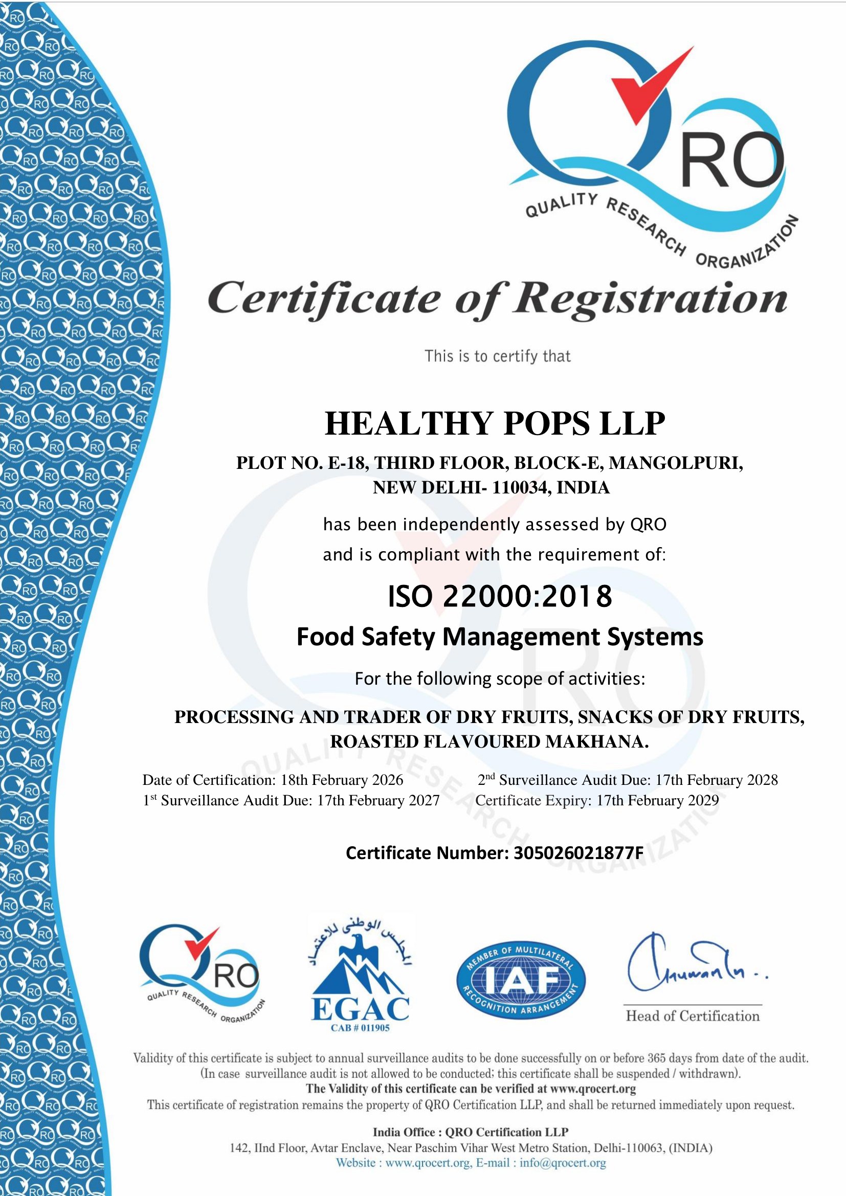 ISO 22000:2018 Food Safety Management Certificate